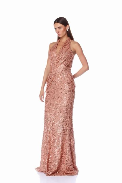 Robe de soirée scintillante rose poudré à col en V